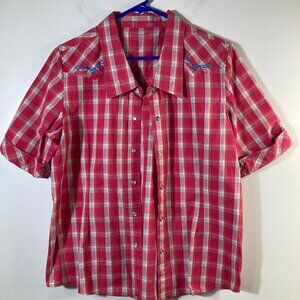 Womens Bit & Bridle Pearl Snap Western Plaid Shirt Embroidered M Pink White Blue